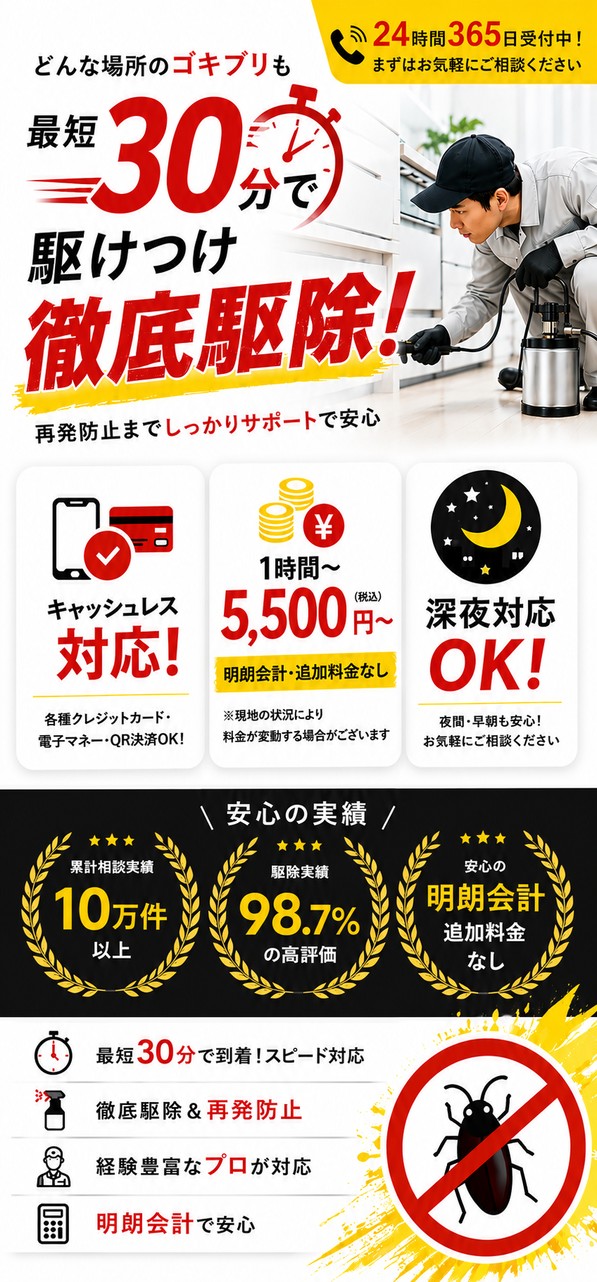 ゴキブリ駆除サービス。24時間365日受付中。最短30分で駆けつけ徹底駆除。キャッシュレス対応、1時間5,500円から、深夜対応OK。