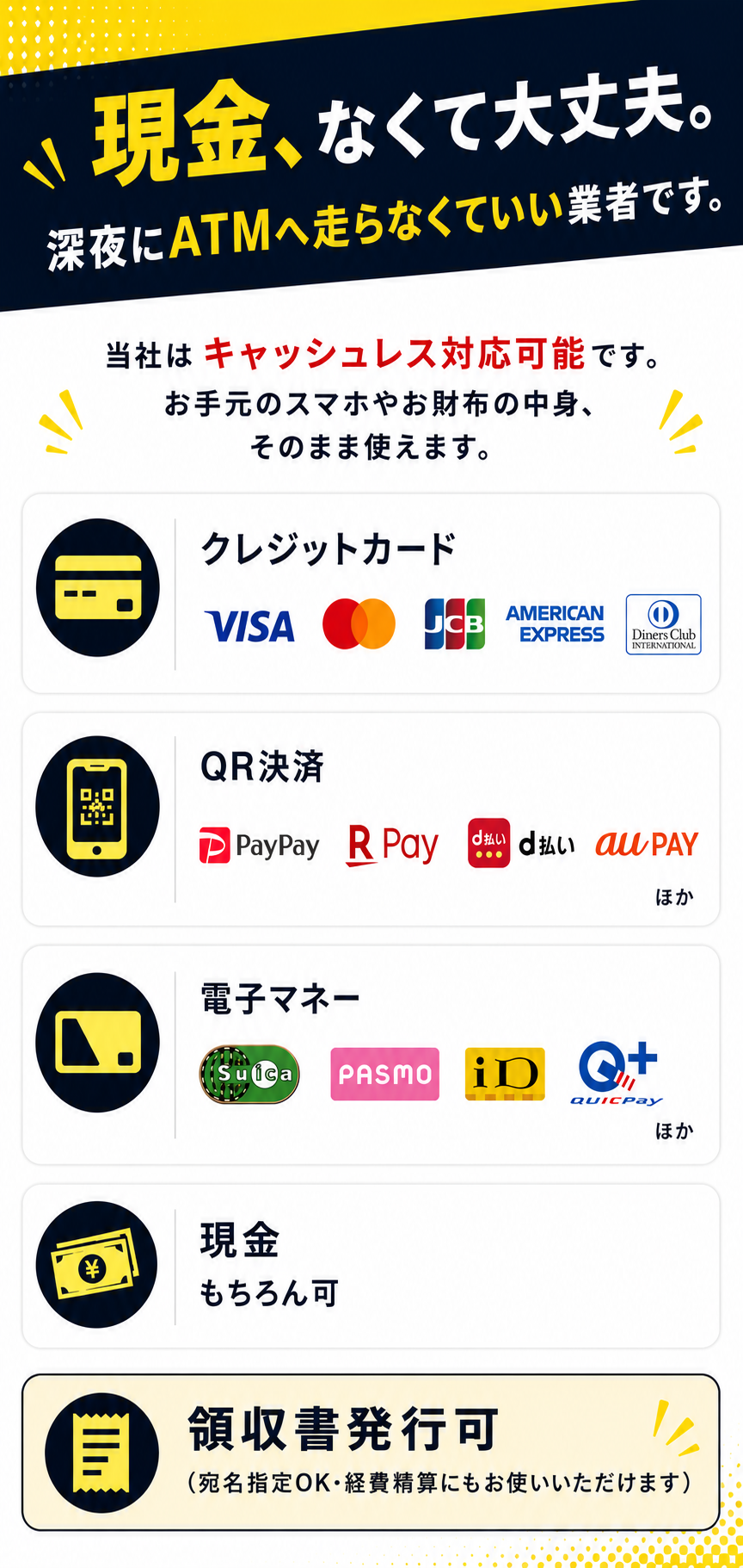 現金がなくても大丈夫。キャッシュレス対応可能。クレジットカード、QR決済、電子マネー、現金に対応。領収書発行可。