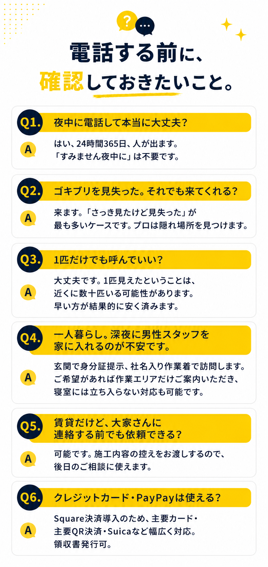 電話する前に確認しておきたいこと。夜中の電話、見失ったゴキブリ、1匹だけの相談、深夜の男性スタッフ、賃貸、決済方法に関するよくある質問。